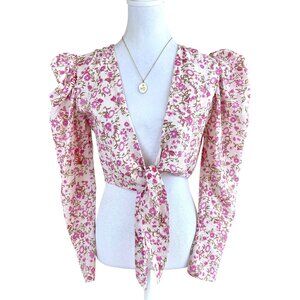 Hemant & Nandita Top Cropped Pink Floral Linen Blend (M)